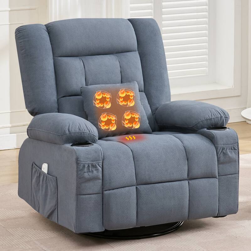 Oversized Swivel Recliner Chair with 4-Point 3D Kneading Massage and Heat, Single Sofa Chair with 2 Cup Holders & USB Port