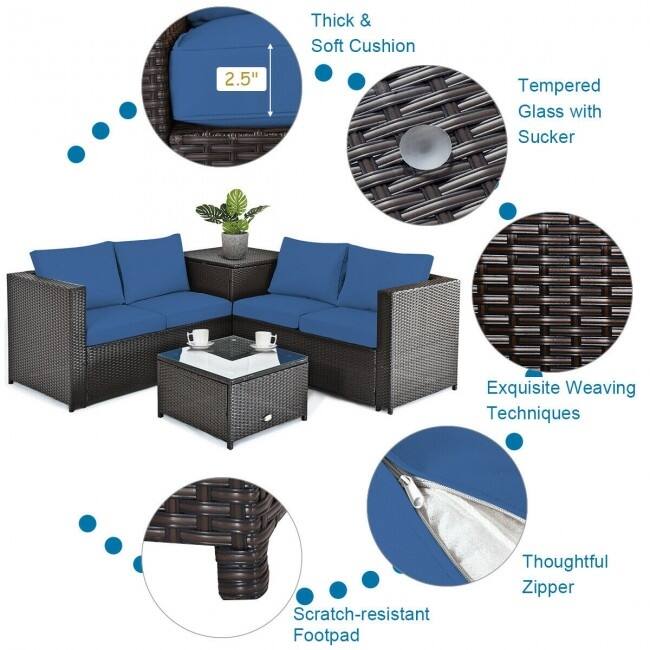 4 Pieces Outdoor Patio Rattan Furniture Set with Cushioned Loveseat and Storage Box - 47.5" x 26" x 26" (L x W x H)