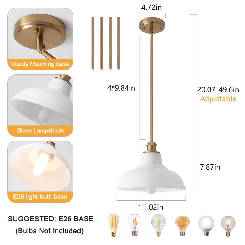 1-Light Adjustable Dome Shaded Pendant Light with Cream Glass Shade, Semi Flush Mount Chandelier for Dining Room Living Room