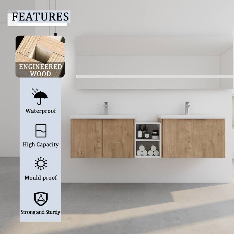 60 Inch Bathroom Vanity with Soft Close Doors, Resin Sink, Ample Storage and Matching Small Shelves (KD Packing)