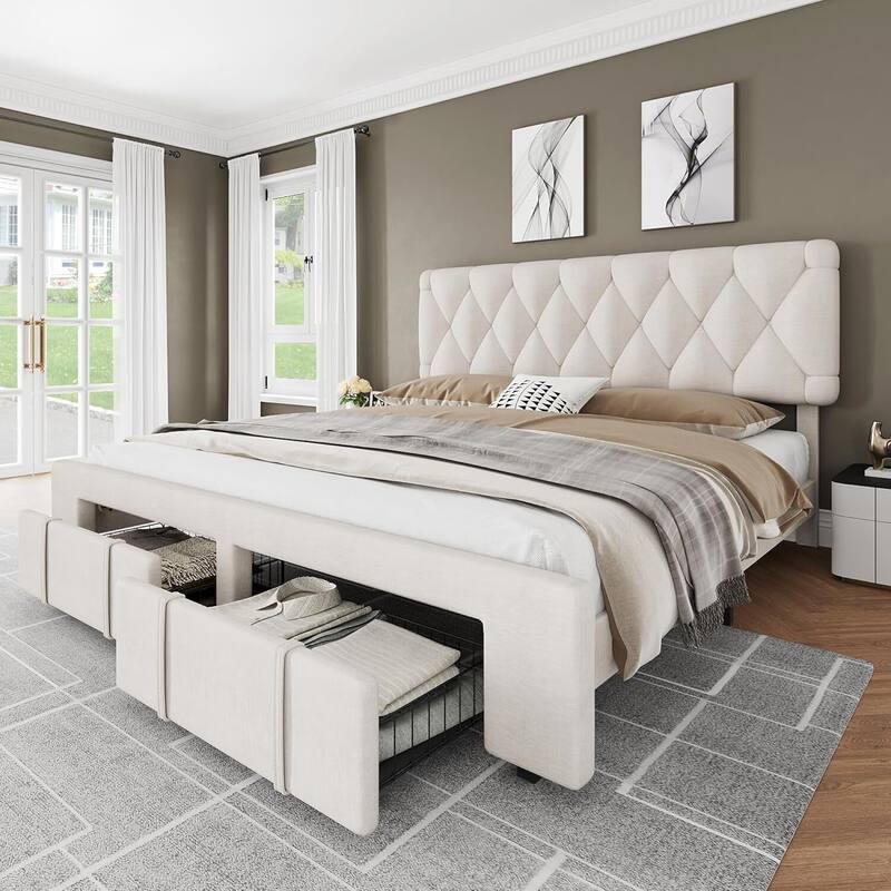 Upholstered Platform Bed Frame with Storage Drawers, No Box Spring Needed, Beige - Full