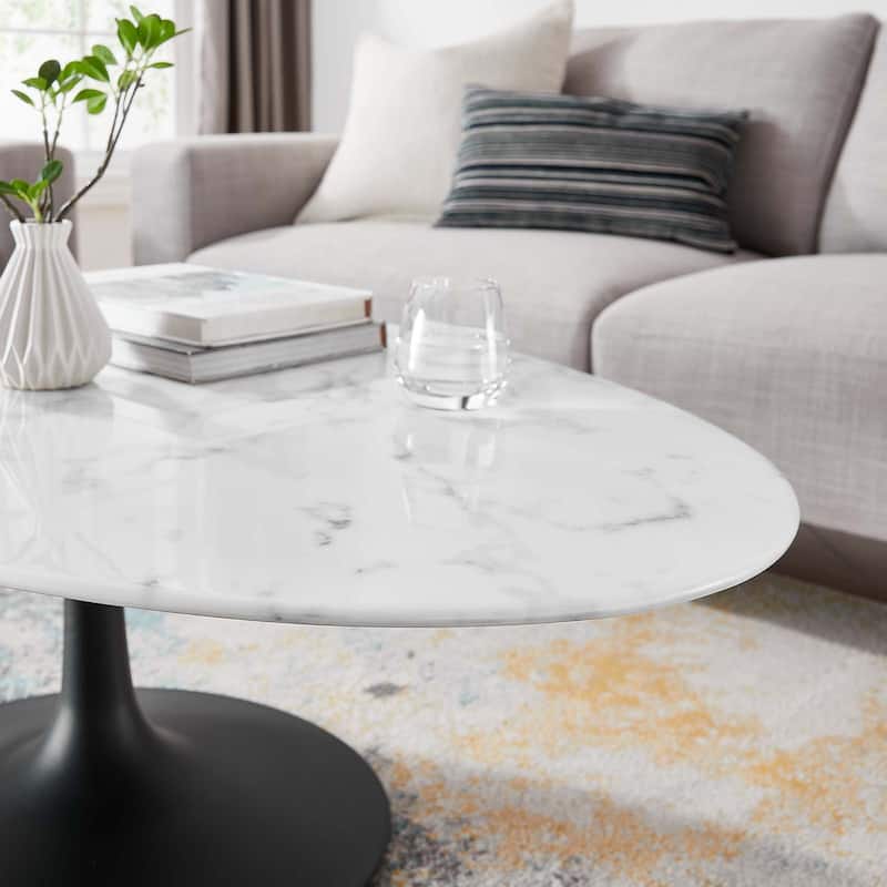 48" Oval-Shaped Artificial Marble Coffee Table, Black White