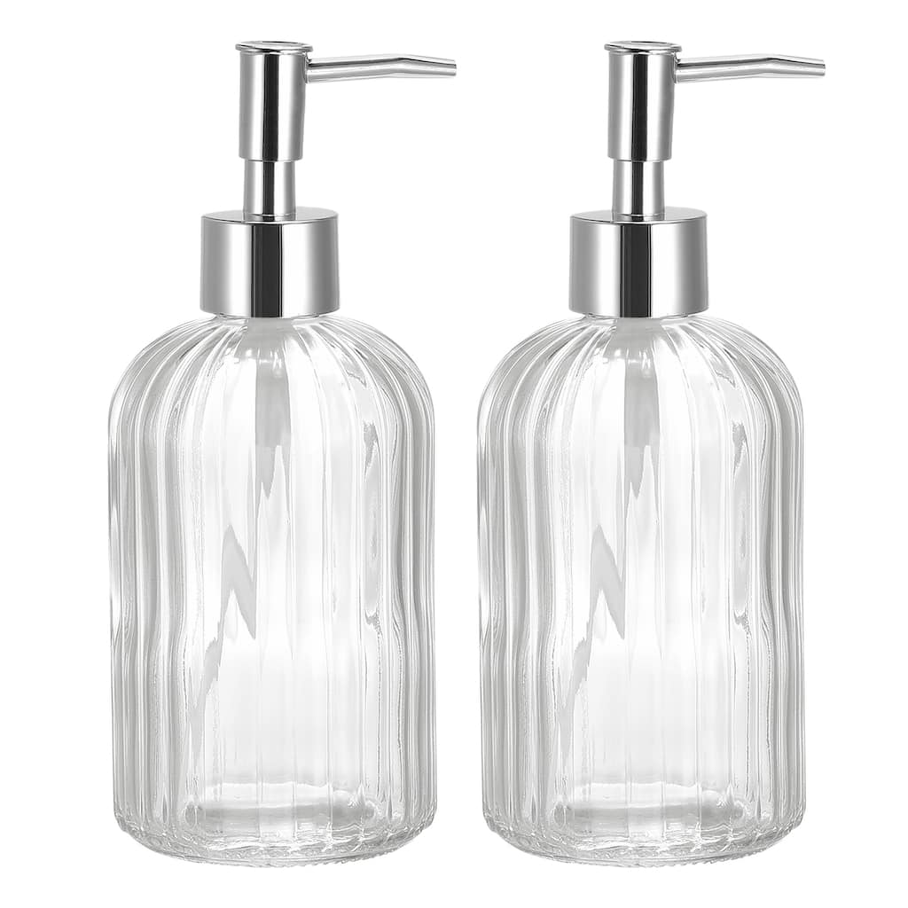 Soap Dispensers Set - 2 Pack 13.5Oz Glass Dish Hand Soap Dispenser with Silvery Pump for Kitchen Bathroom