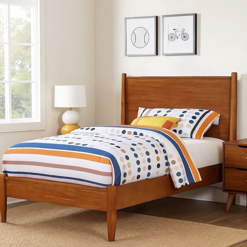 Wooden Transitional Twin Bed With Round Tapered Legs, Oak Brown