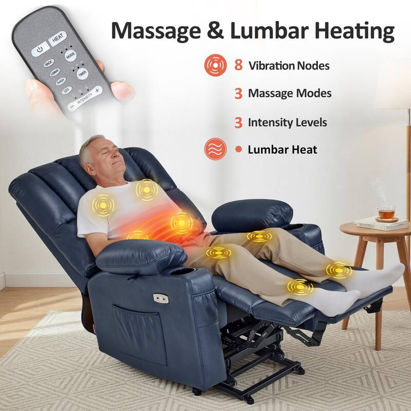Power Lift Recliner Chair for Elderly, Massage and Heat, Faux Leather & Fabric
