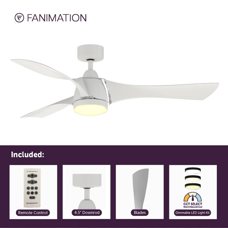 Fanimation Klear 56 inch Indoor/Outdoor Smart Ceiling Fan with LED CCT Select Light Kit and Remote - Matte White