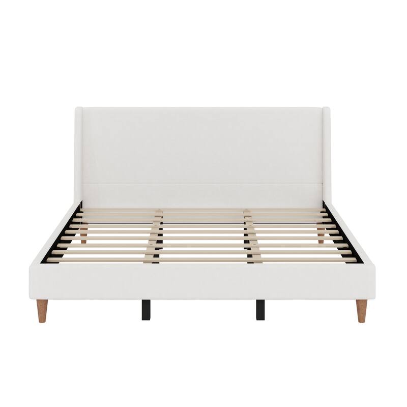 Velvet Upholstered Wingback Bed Frame with Headboard and Walnut Wooden Legs, No Box Spring Needed Low Profile Platform Bed