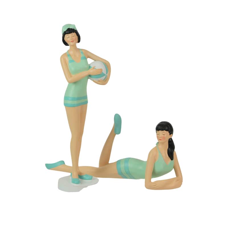 Retro Bathing Beauty Figurine Set Striped Swimsuits, Coastal Home - One Size
