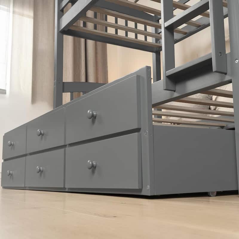 Twin Over Twin Bunk Bed with Trundle and 3 Drawers, Wooden Bunk Bed with Ladder and Safety Rails, Space Saving