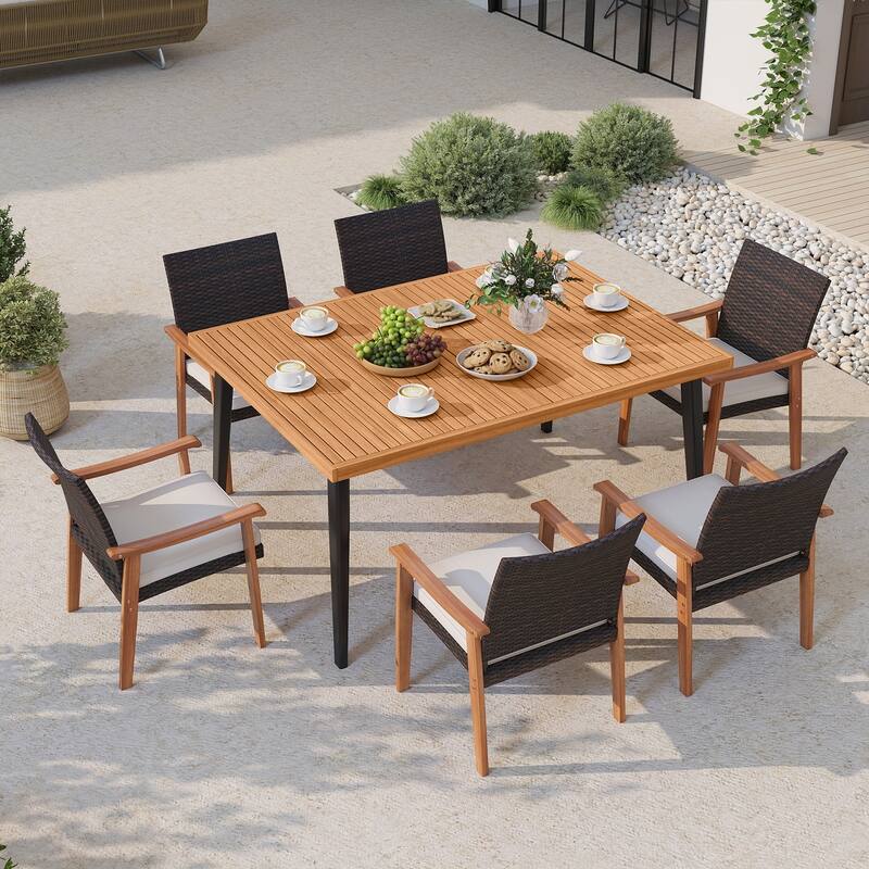 Gymax 63'' Outdoor Indoor Dining Table w/Acacia Wood Slatted Tabletop
