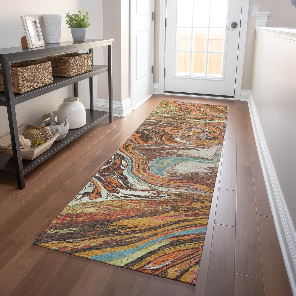 Machine Washable Indoor/ Outdoor Abstract Brushstroke Chantille Rug
