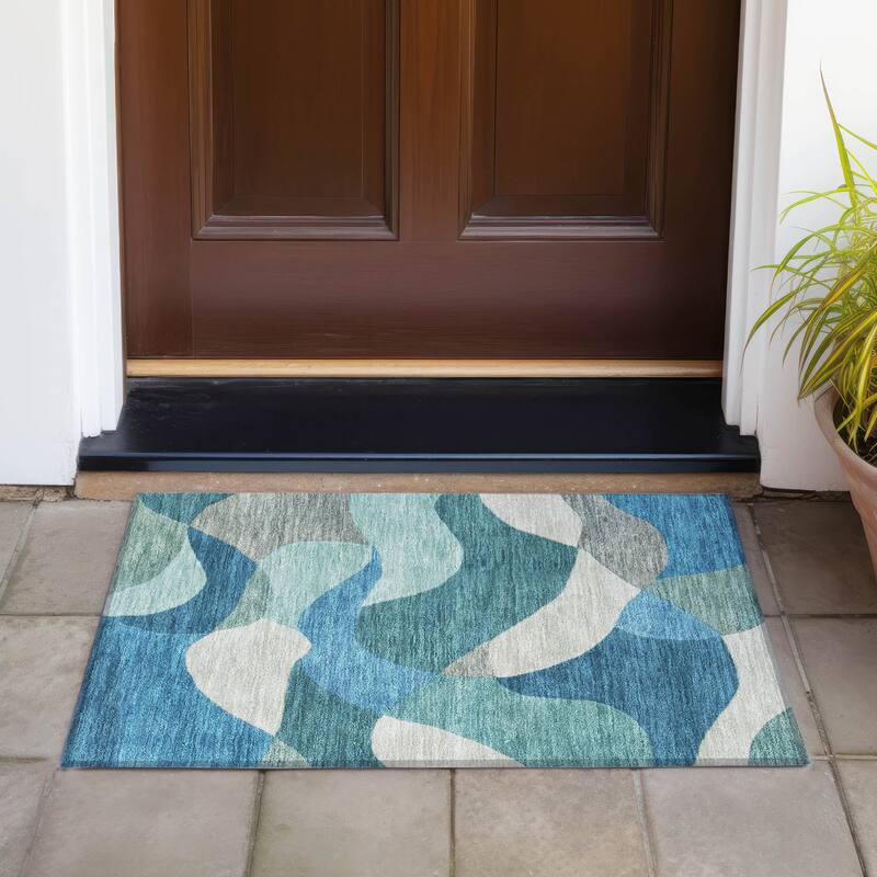 Machine Washable Indoor/Outdoor Modern Century Chantille Rug - Teal - 1'8" x 2'6"