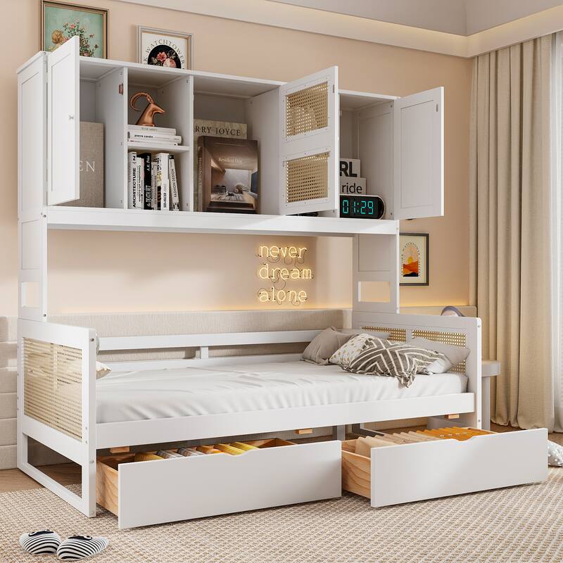 L-Shape Twin Size Daybed with Storage Cabinet and 2 Drawers, Bedroom Storage Bed Frame with Bookshelf, Wood Slats Support