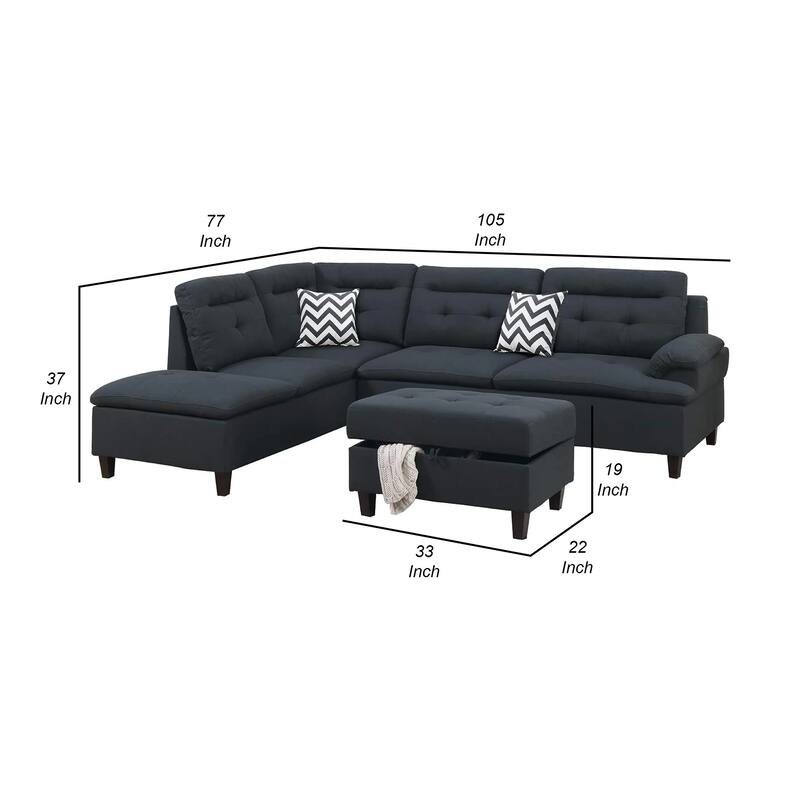Olga 3 Piece L Shape Sectional Sofa with Ottoman, 2 Throw Pillows, Black