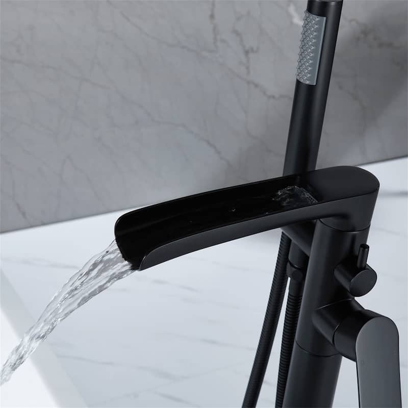 Waterfall Tub Filler Freestanding Bathtub Faucet Black Floor Mount Single Handle Modern Bathroom Tub Faucets With Hand Shower