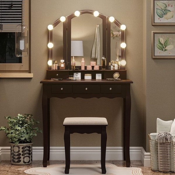 Vanity Desk Set Makeup Vanity Lighted Tri fold Mirror and Stool On Sale Bed Bath Beyond 39945602