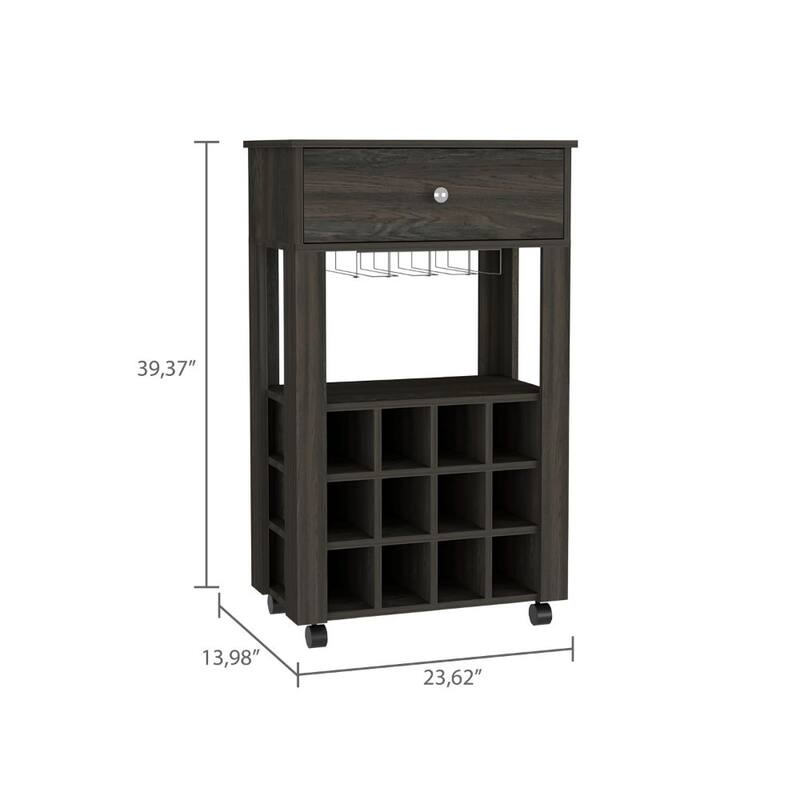12-Bottle Wine Rack Bar Cart with Stemware Rack, Drawer, and Caster Wheels, Black Finish