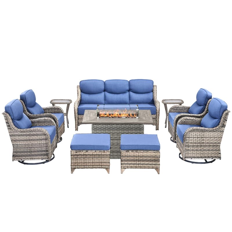Pocassy 10 Pieces Outdoor 6 Inch Sofa Swivel Chair Ottoman with Fire Table