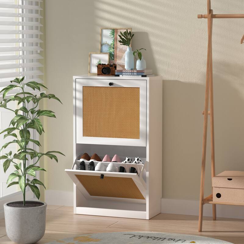 Anmytek 12 Pairs White Wood Rattan Shoe Storage Cabinet 2 Flip Drawers Slim Shoe Storage Organizer - 2-Tier - 2-Tier - White