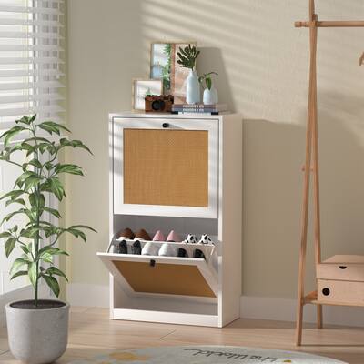 Anmytek 2 Layer White Wood Rattan Shoe Cabinet with 2 Flip Drawer Narrow Shoe Storage Organizer