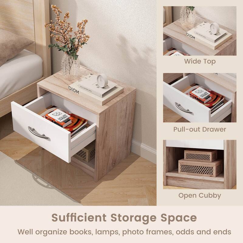Costway Modern Nightstand Bedside Table with Drawer Open Storage Shelf