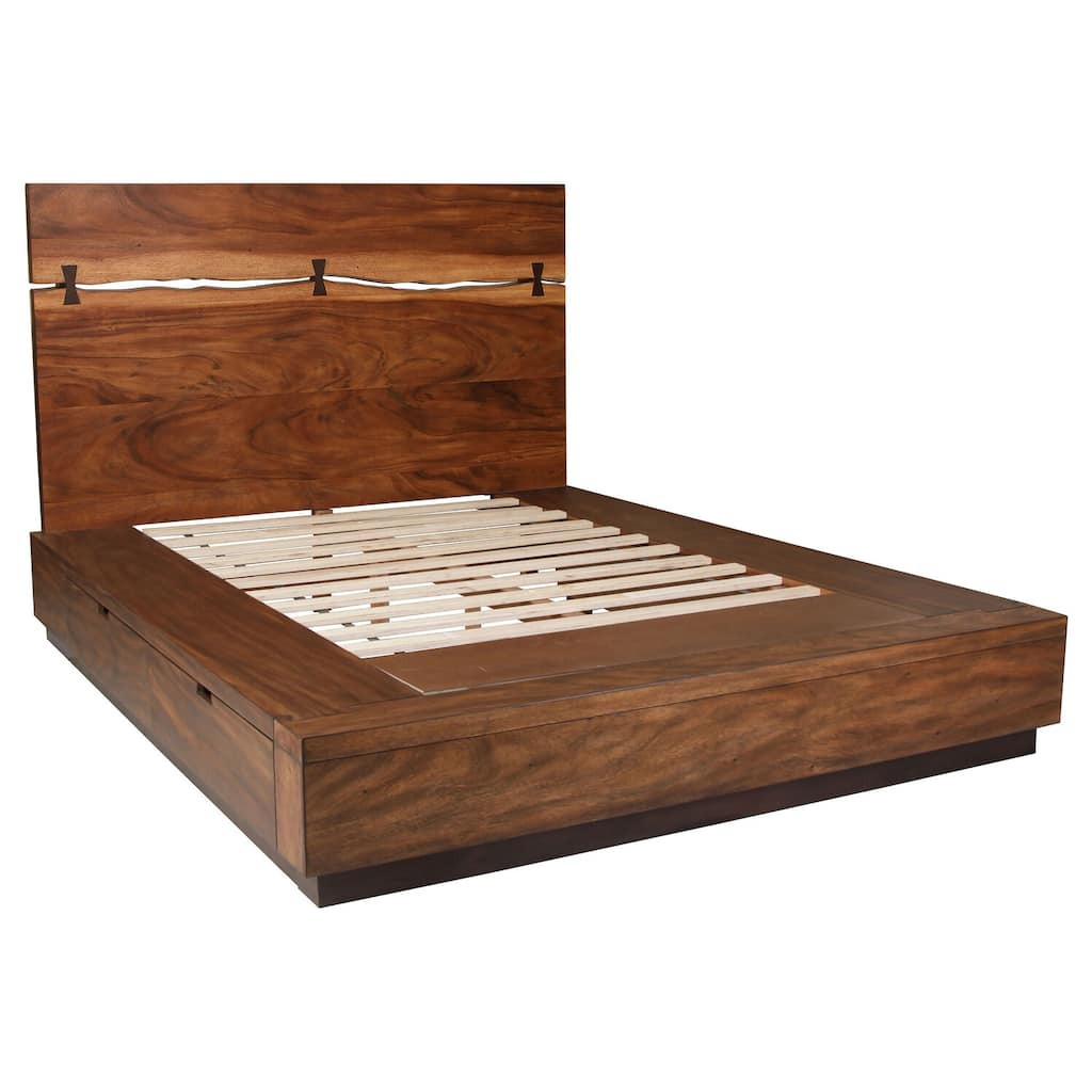 Smokey Walnut and Coffee Bean Queen Platform Storage Bed with Tall Metal-Accented Headboard Design