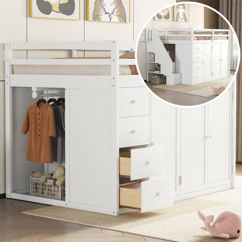 Full Size Wood Loft Bed with Built-in Wardrobes and Drawers - White
