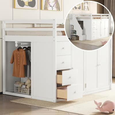 Full Size Wood Loft Bed with Built-in Wardrobes and Drawers