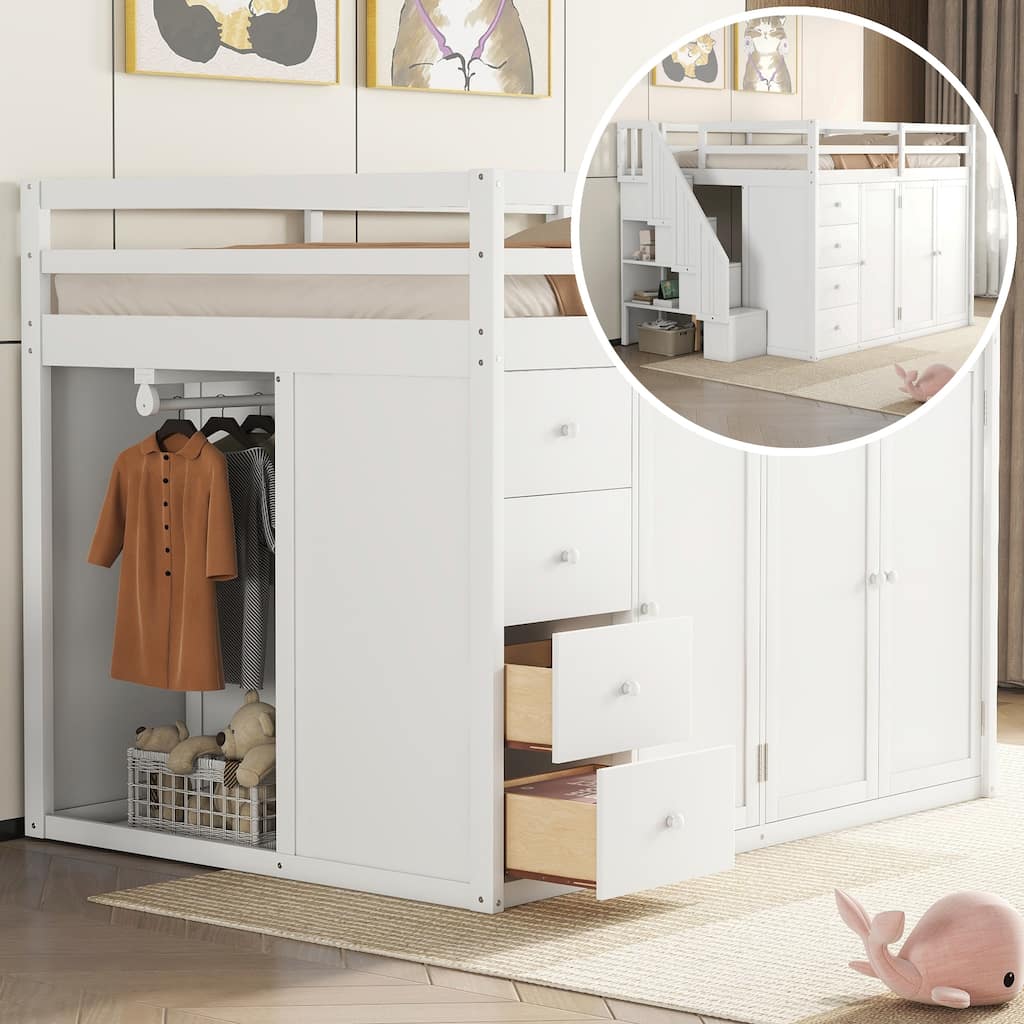 White Full Size Loft Bed with Built-in Wardrobes and Staircase, Space-Saving Design