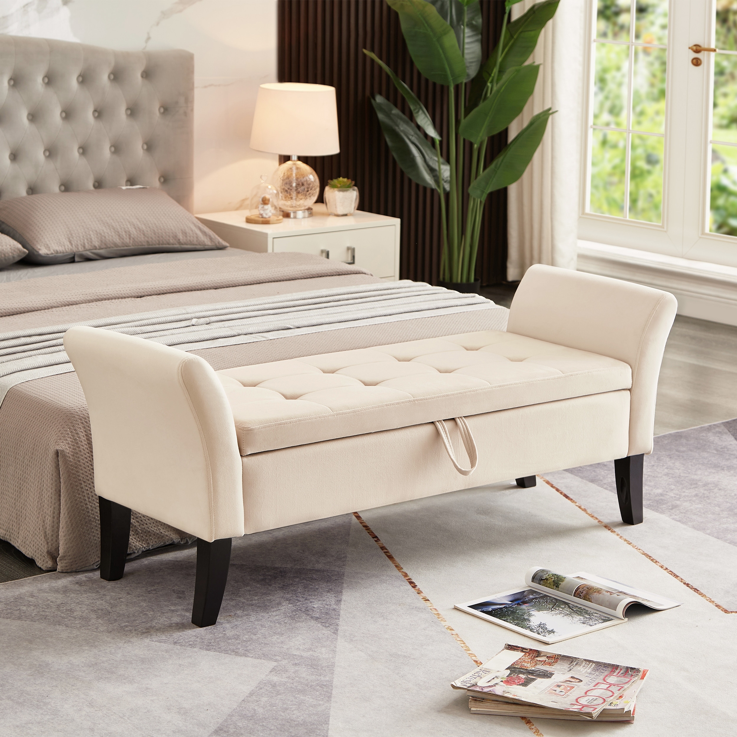 Tufted Velvet Storage Bench with Curved Arms Solid Wood Legs Bedroom Living Room
