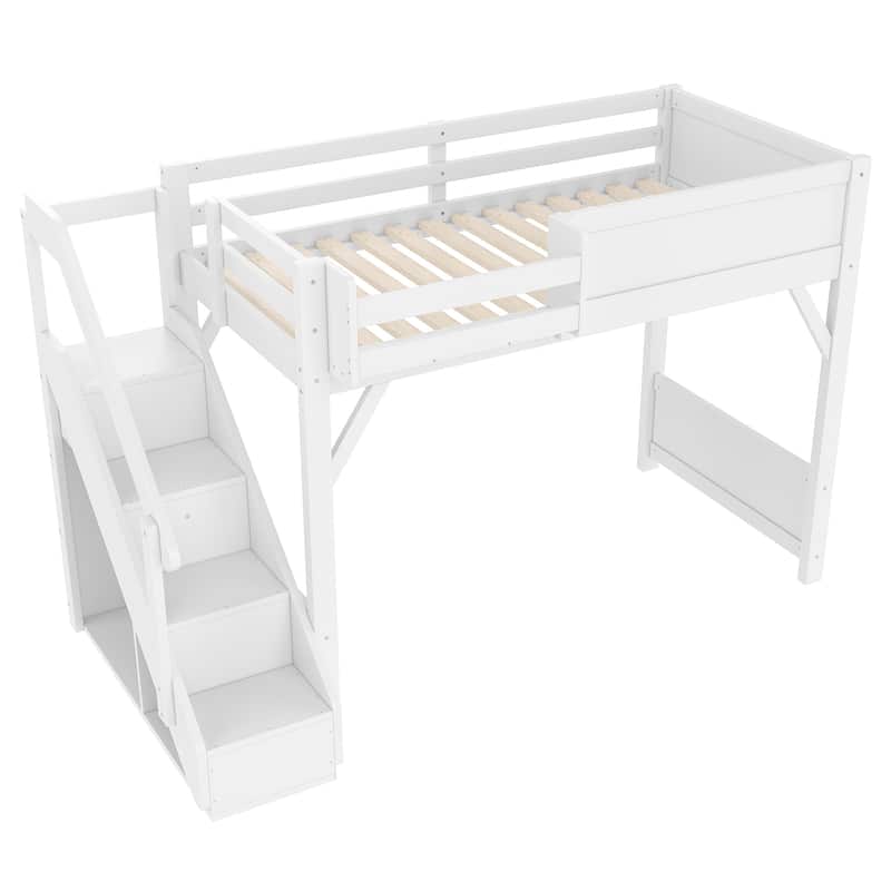 Full/Twin Loft Bed with Built-in Wardrobe, Storage & Stairs - Solid Wood, Full-Length Guardrails, No Box Spring