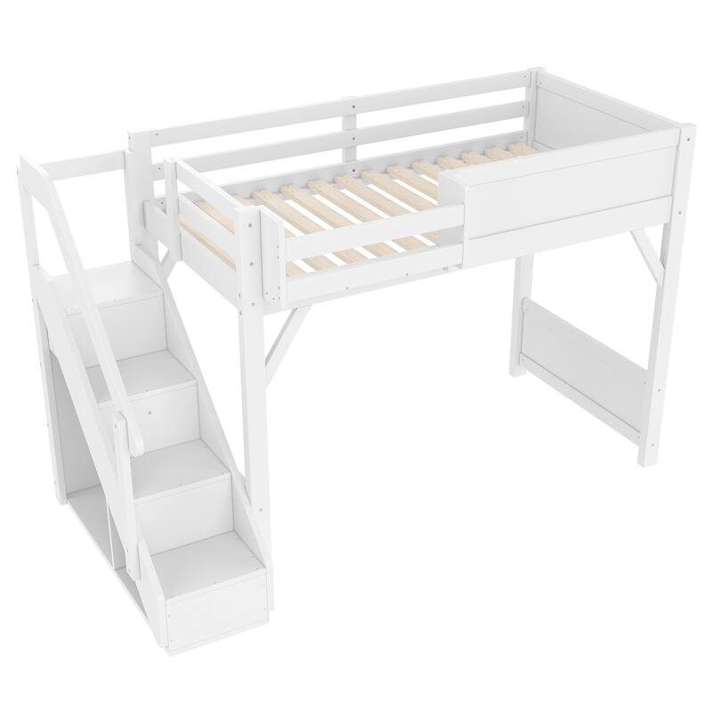 Twin Size Loft Bed with Built-in Wardrobe and Storage Space, Solid Wood Loft Bed with Beside Shelves
