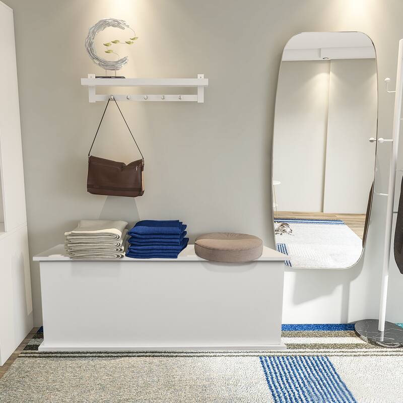 Charming Storage Bench Decorative Bench with Safety Hinges, Wooden Bedroom End of Bed Bench Entryway Footrest Bench - White