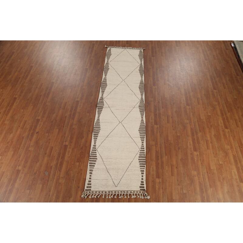 Ivory Moroccan Runner Rug Handmade Modern Wool Carpet - 3'1"x 11'10"