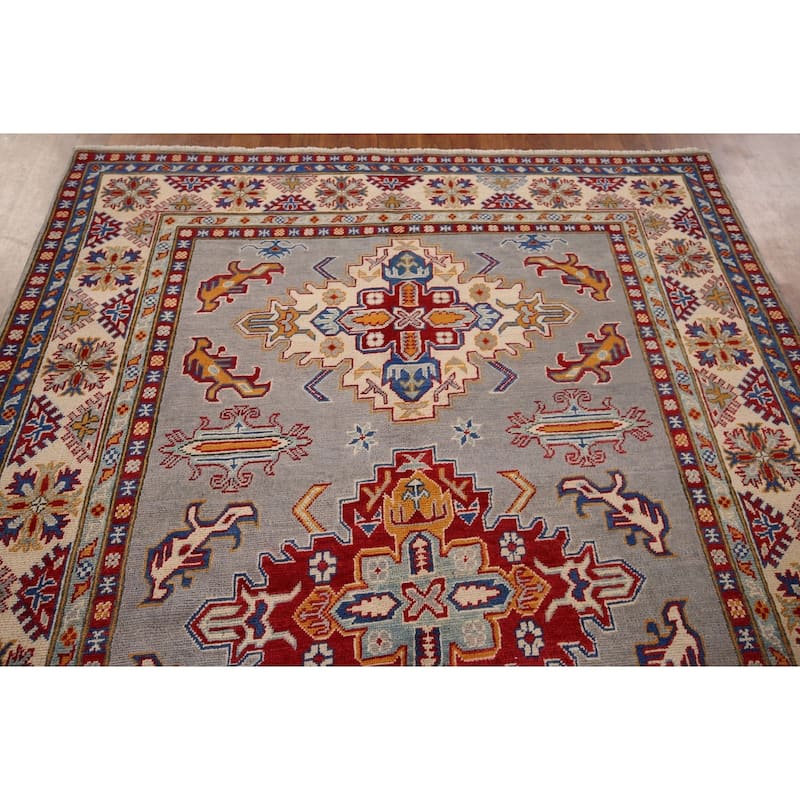 Geometric Kazak Rug Hand-Knotted Grey Traditional Wool Carpet - 5'10" x 8'4"