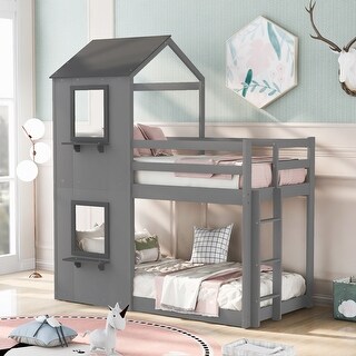 Nestfair Twin over Twin Bunk Bed Wood Bed with Roof - Bed Bath & Beyond ...