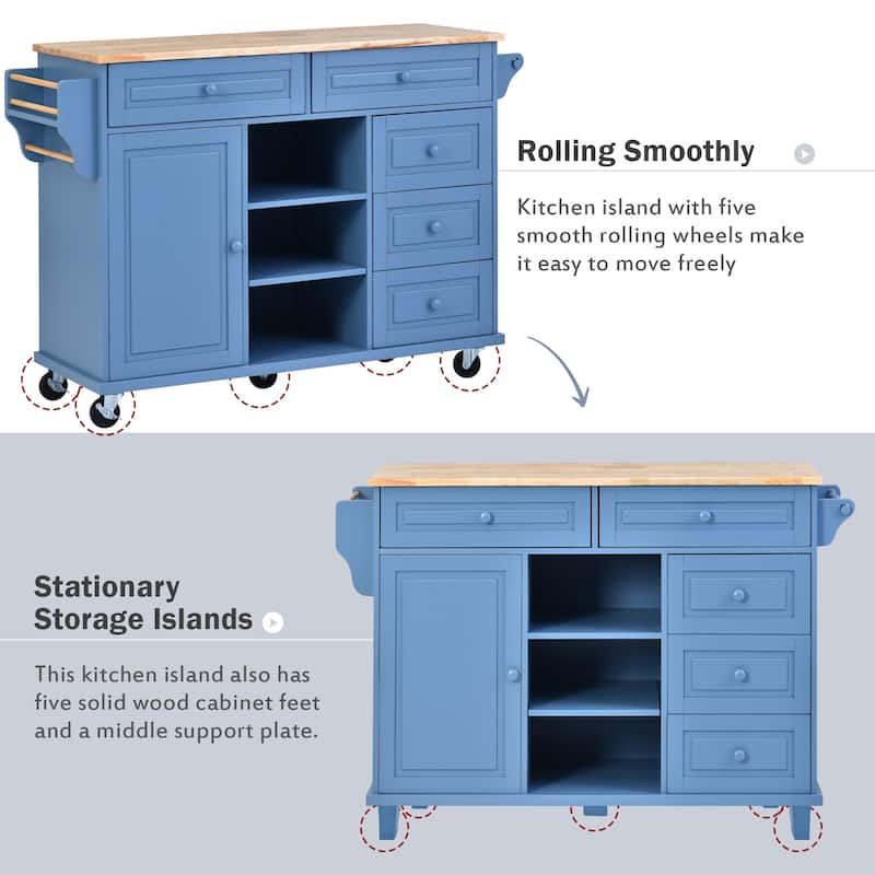 Kitchen Island with on Locking Wheels, Rolling Cart with Rubber Wood Desktop, Mobile Island with 3 Open Shelves & 5 Drawers