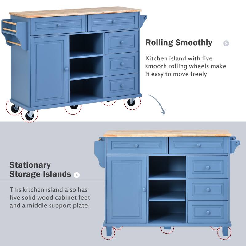 Rolling Kitchen Island Cart with Rubber Wood Top, 5 Drawers, Storage Cabinet & Adjustable Shelves - 53" Black
