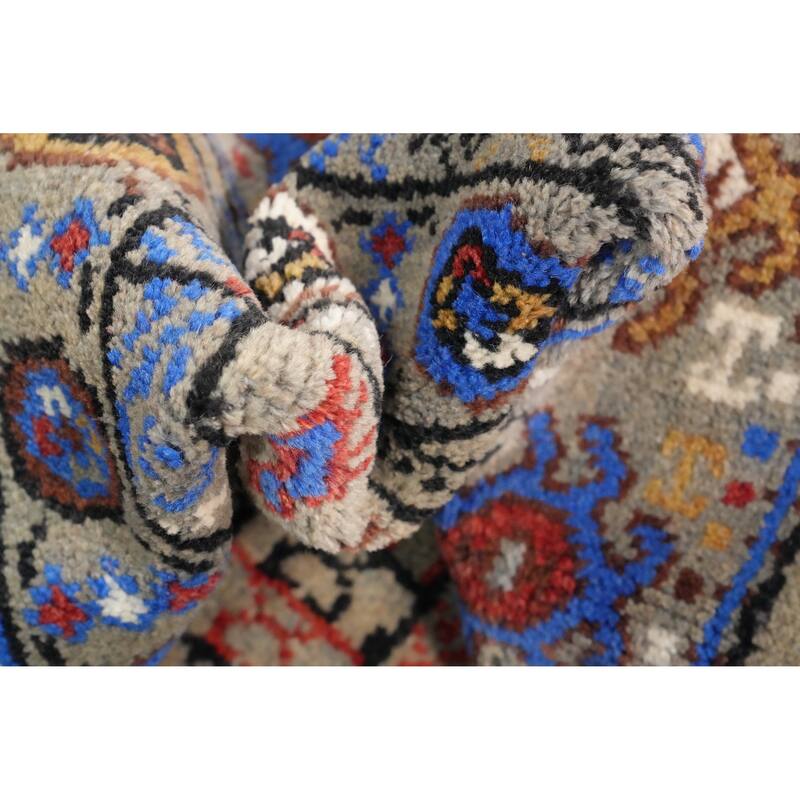 Hand Knotted Oriental 100% Wool Carpet Traditional Tribal Greys & Charcoal Kazak Runner Rug - 9' 11'' X 2' 7''