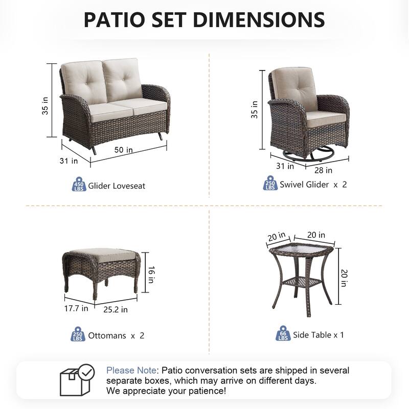 Pocassy 6 Pieces Glider Sofa with Swivel Chairs Ottomans Table