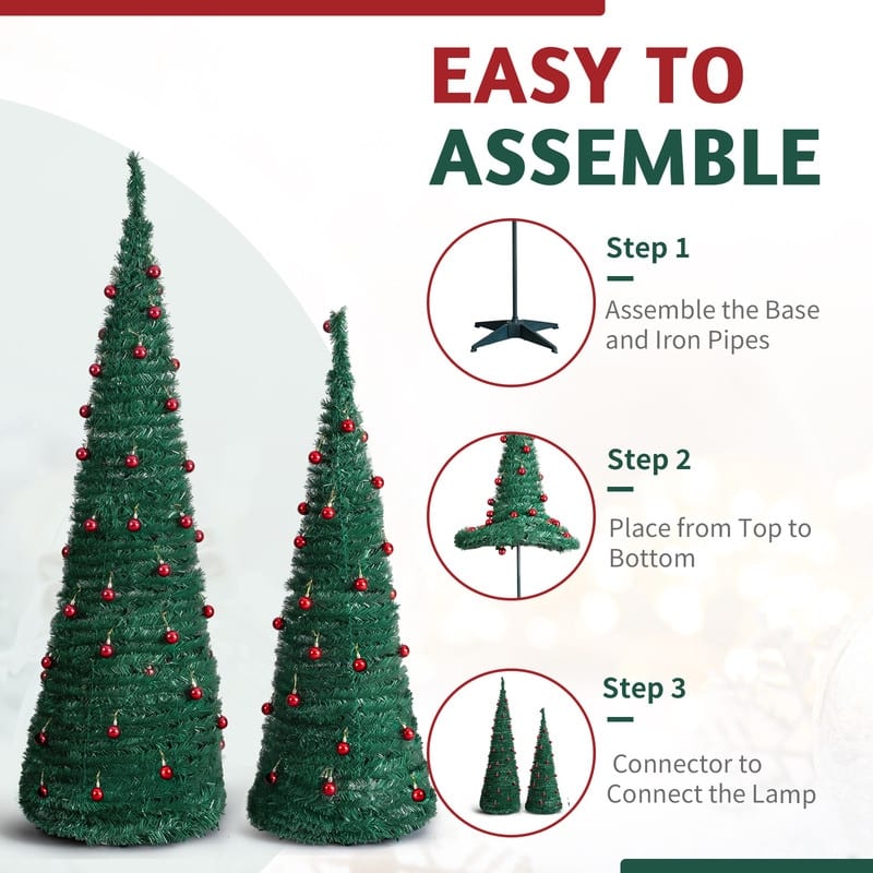 2 Pack, 6FT 5FT Artificial Pop Up Christmas Tree with Red Ball Ornaments for for Home Office Store Holiday Deco, Green