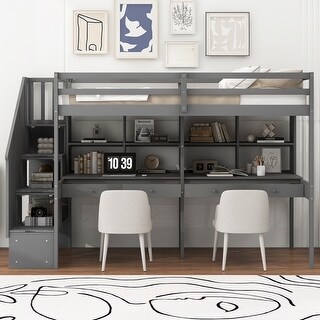 Twin Size All-in-One Loft Bed with Double Desk and Shelves, Storage Staircase, Guardrails, Wood Slat Support for Bedroom Dorm