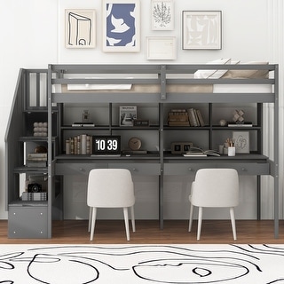 Twin Size Loft Bed Frame wStorage Staircase,Double Desks,Shelves,Grey