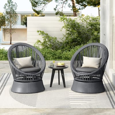 [Set of 2] 26.7" Modern Gray Swivel Wicker Chair Rattan Iron Frame Round Design Living Room
