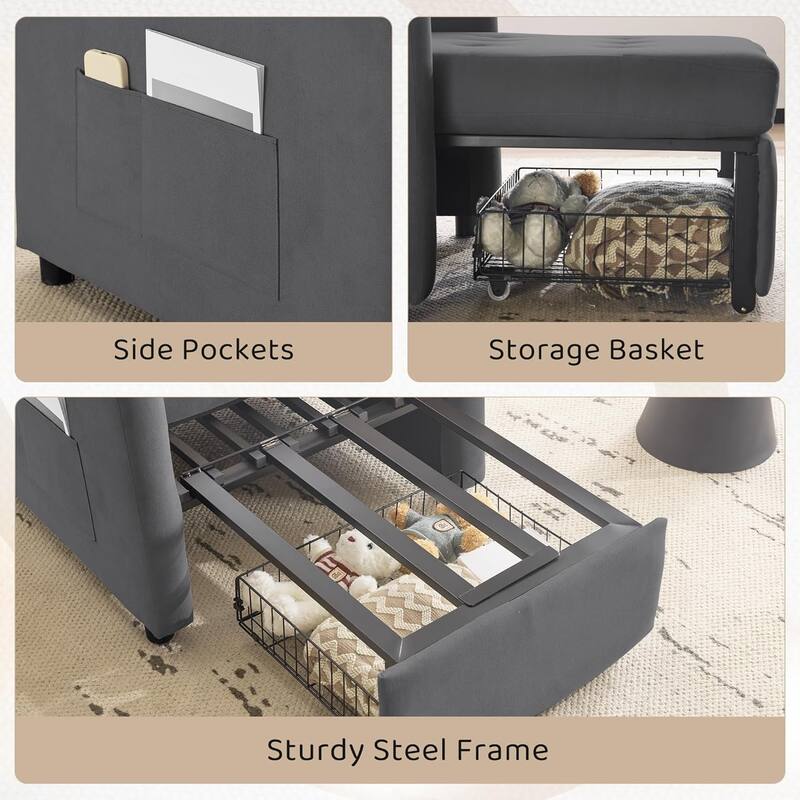 Bezseller Convertible Sofa Bed Chair, 3-in-1 Sleeper Chair with Storage Drawer, Light Gray