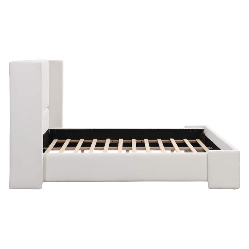 Elegant White Fabric Upholstered Bed with Tall Headboard, White, KING