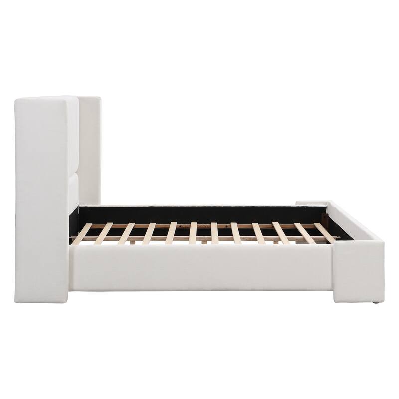 Roomfitters King Wingback Upholstered Bed with Tall Headboard, White Fabric, Modern Design