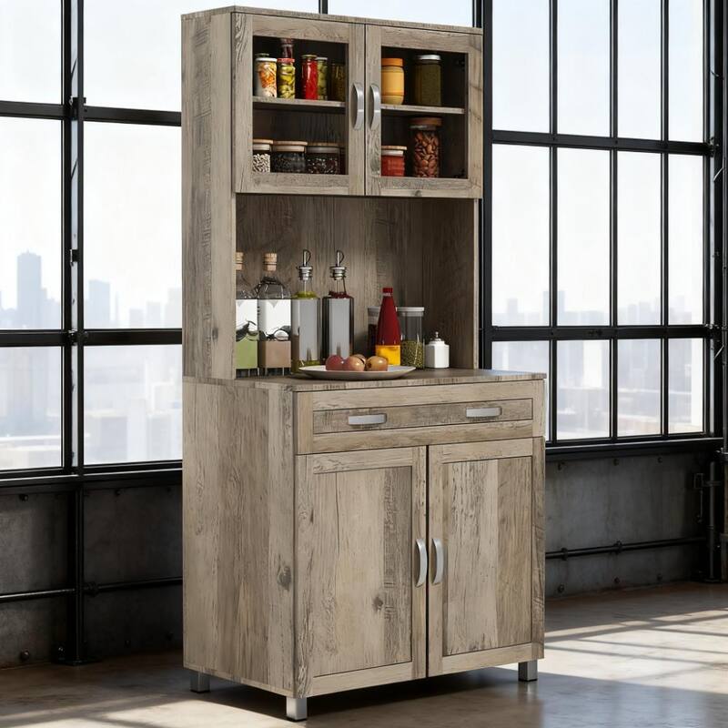 67" Retro Buffet with Hutch, Kitchen Pantry Storage Cabinet with Shelves, Drawers, Framed Glass Doors, Open Countertop - Gray