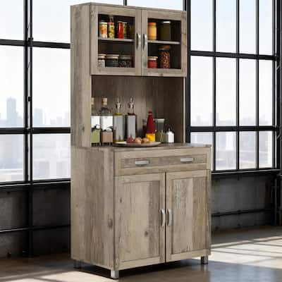 67" Retro Buffet with Hutch, Kitchen Pantry Storage Cabinet with Shelves, Drawers, Framed Glass Doors, Open Countertop