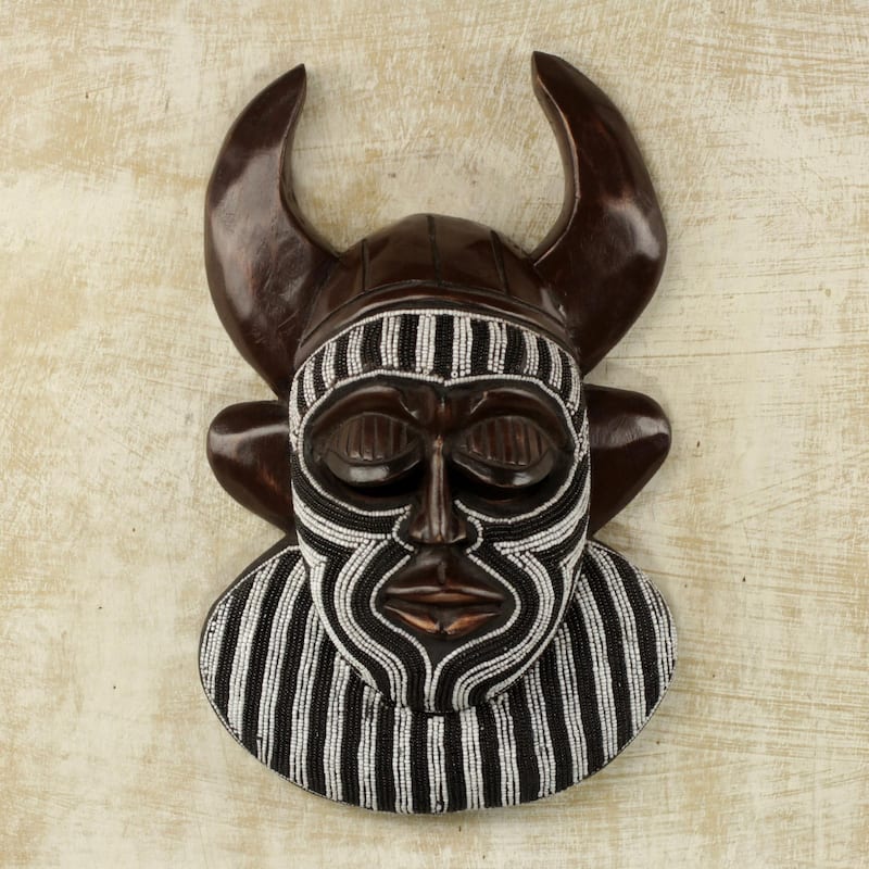 Handmade Kafo Horns African Beaded Wood Mask (Ghana) - 13" H x 8" W x 3.3" D